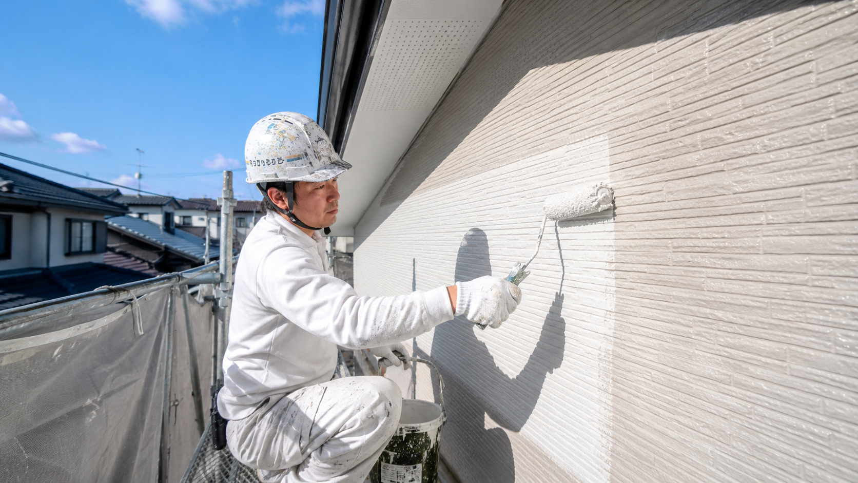 外壁塗装施工中の職人